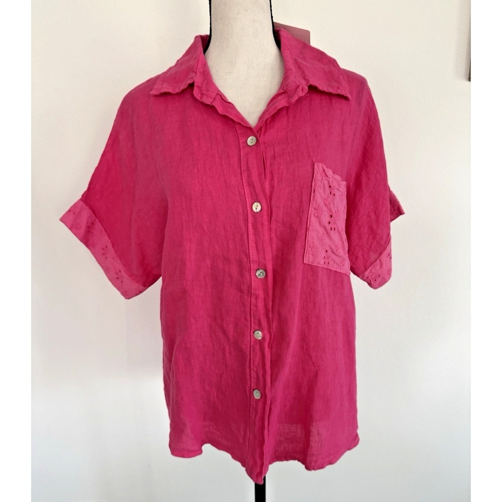 NWT Puro Lino Women's M 100% Linen Button Up Short &  Sleeves Pocket Italy